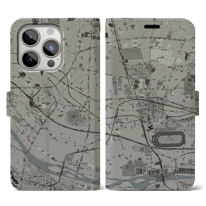 【府中（東京都）】地図柄iPhoneケース（手帳タイプ）モノトーン・iPhone 15 Pro 用