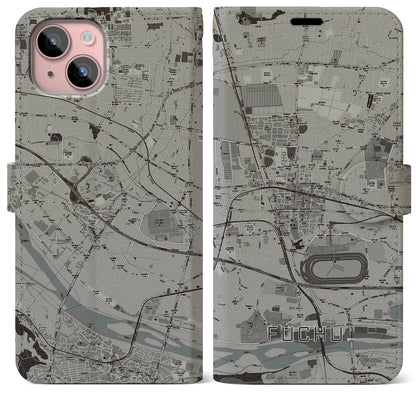 【府中（東京都）】地図柄iPhoneケース（手帳タイプ）モノトーン・iPhone 15 Plus 用