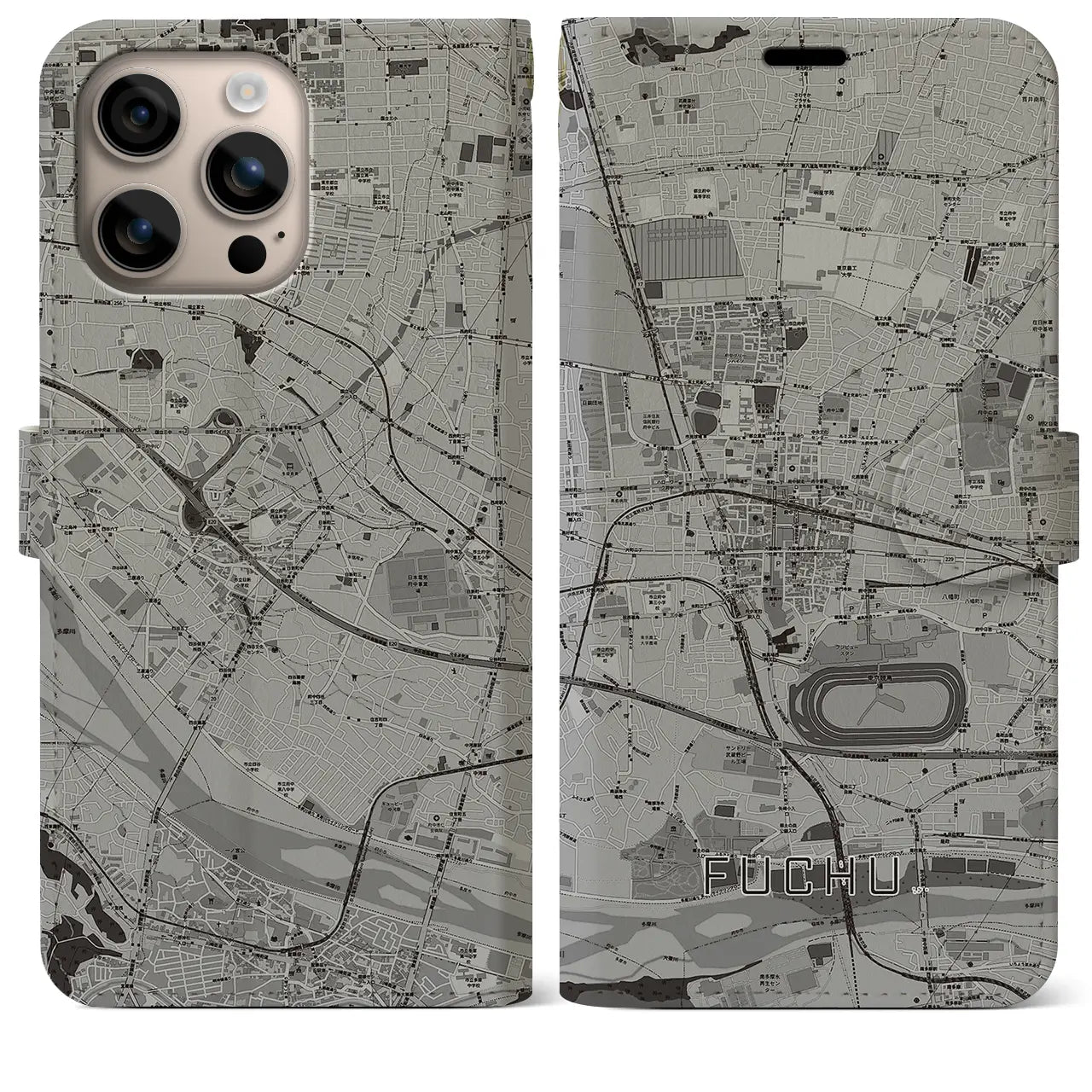 【府中（東京都）】地図柄iPhoneケース（手帳タイプ）モノトーン・iPhone 16 Plus 用