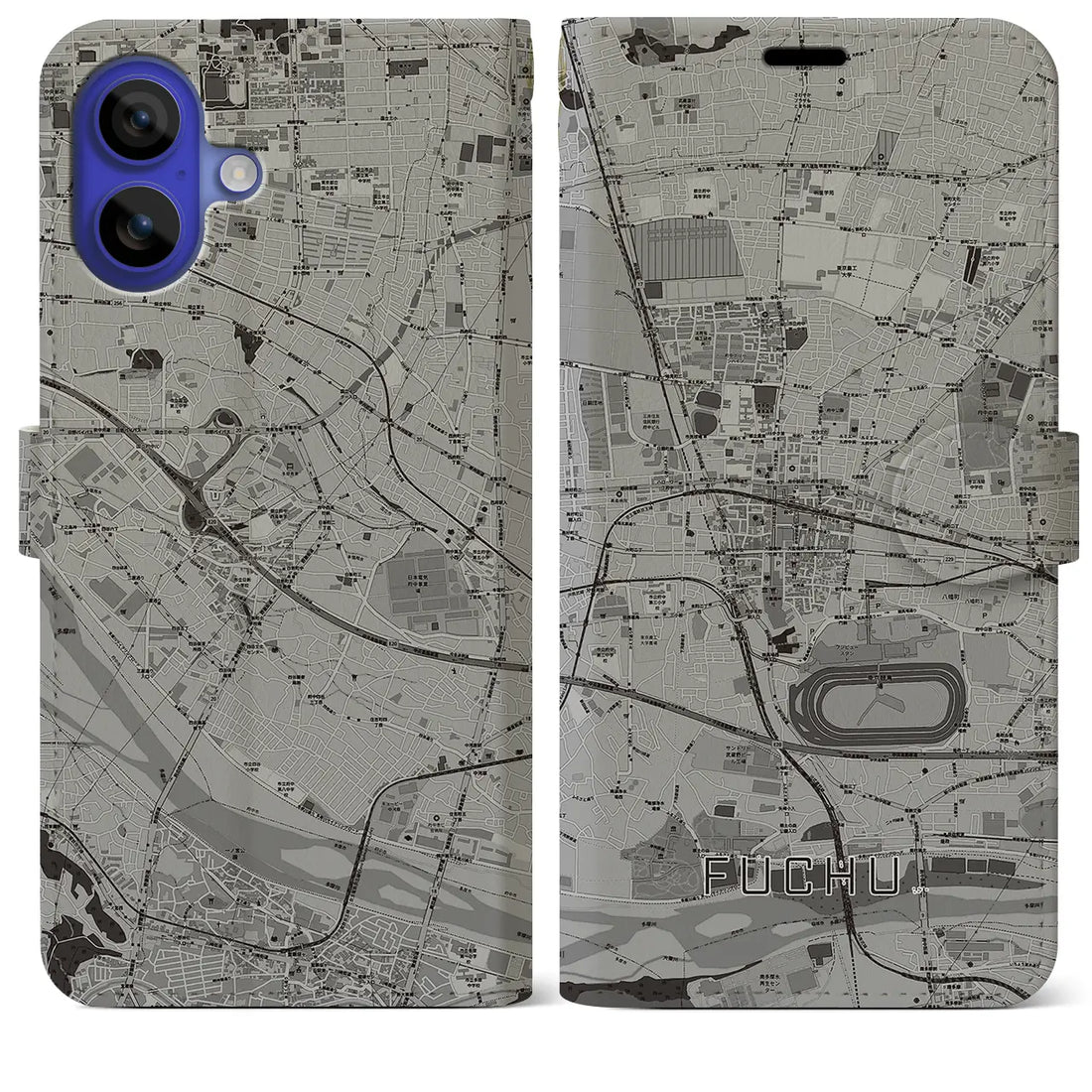 【府中(東京都)】地図柄iPhoneケース(手帳タイプ)モノトーン・iPhone 16 Pro Max 用