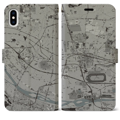 【府中（東京都）】地図柄iPhoneケース（手帳タイプ）モノトーン・iPhone XS Max 用