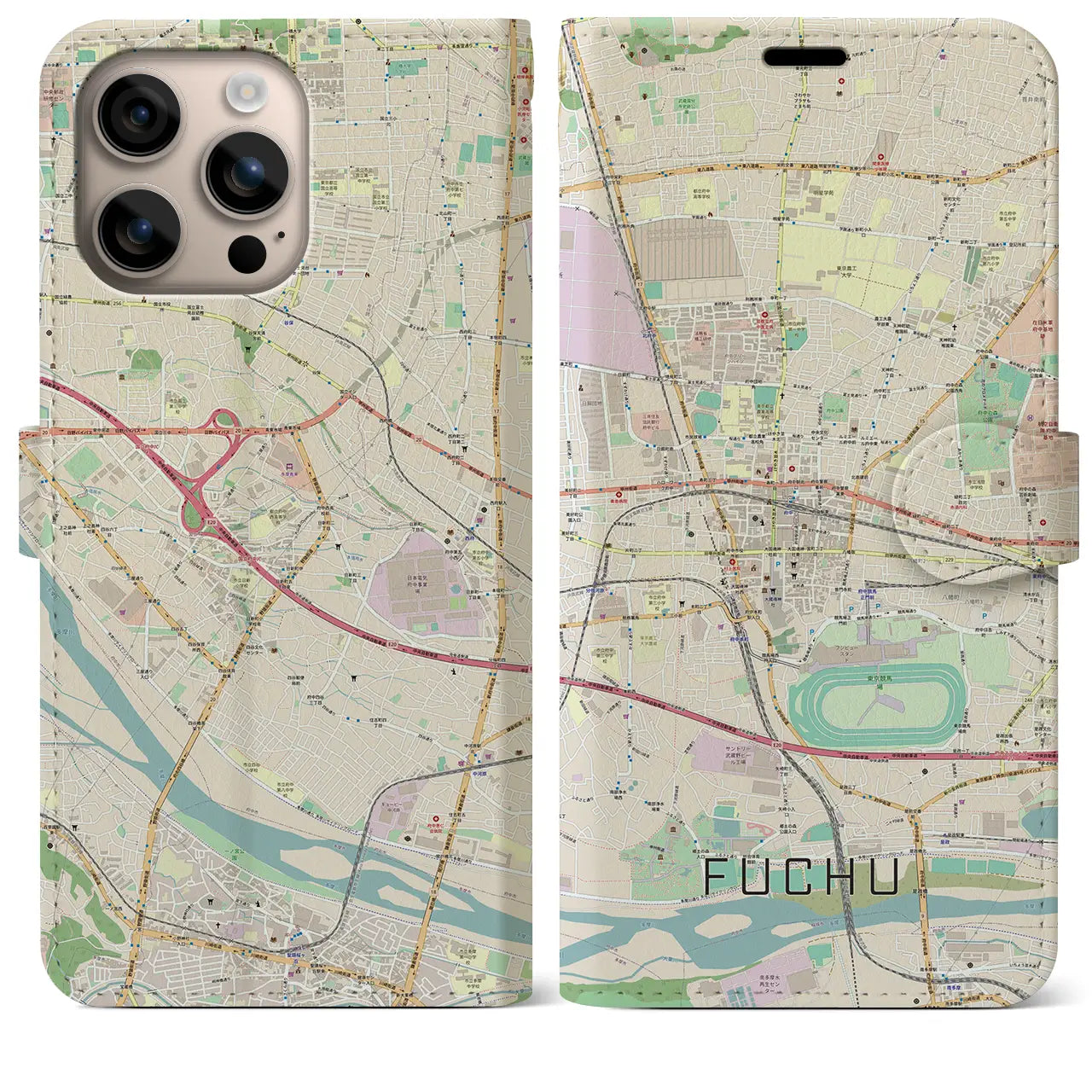 【府中（東京都）】地図柄iPhoneケース（手帳タイプ）ナチュラル・iPhone 16 Plus 用