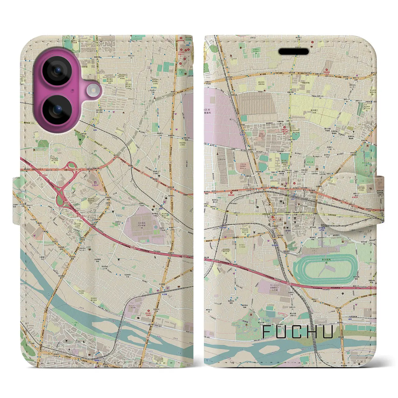 【府中（東京都）】地図柄iPhoneケース（手帳タイプ）ナチュラル・iPhone 16 Pro 用