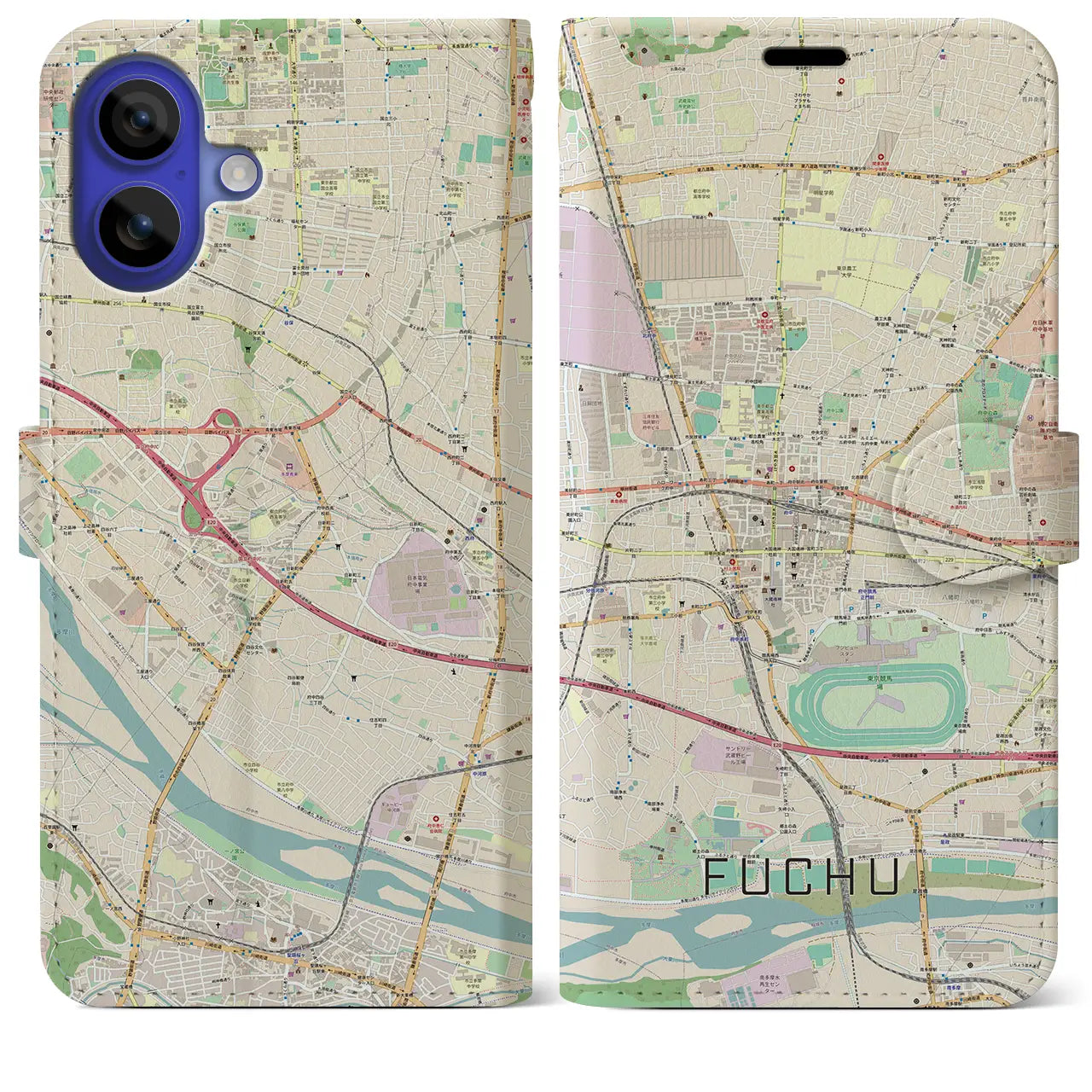 【府中（東京都）】地図柄iPhoneケース（手帳タイプ）ナチュラル・iPhone 16 Pro Max 用