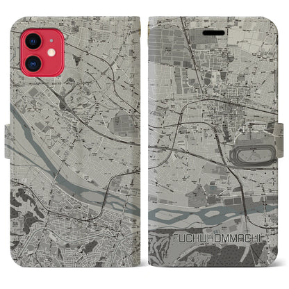 【府中本町（東京都）】地図柄iPhoneケース（手帳タイプ）モノトーン・iPhone 11 用
