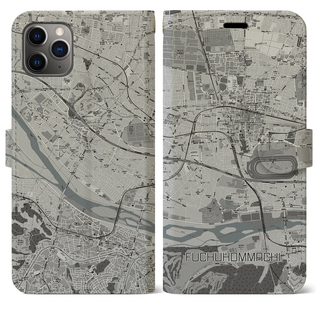 【府中本町】地図柄iPhoneケース（手帳両面タイプ・モノトーン）iPhone 11 Pro Max 用