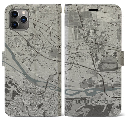 【府中本町（東京都）】地図柄iPhoneケース（手帳タイプ）モノトーン・iPhone 11 Pro Max 用