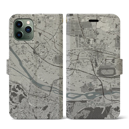【府中本町（東京都）】地図柄iPhoneケース（手帳タイプ）モノトーン・iPhone 11 Pro 用