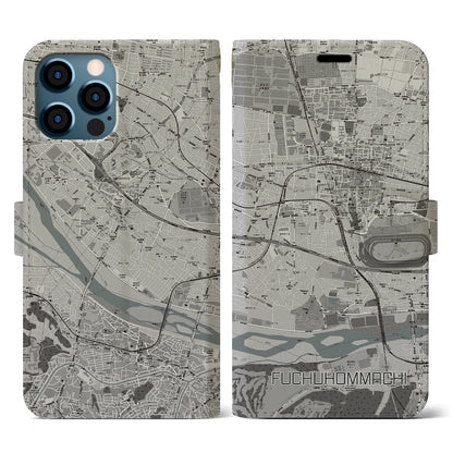 【府中本町（東京都）】地図柄iPhoneケース（手帳タイプ）モノトーン・iPhone 12 / 12 Pro 用