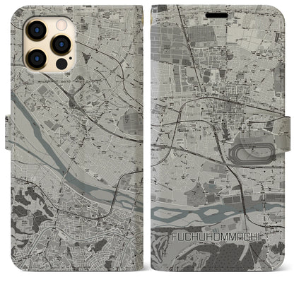 【府中本町（東京都）】地図柄iPhoneケース（手帳タイプ）モノトーン・iPhone 12 Pro Max 用