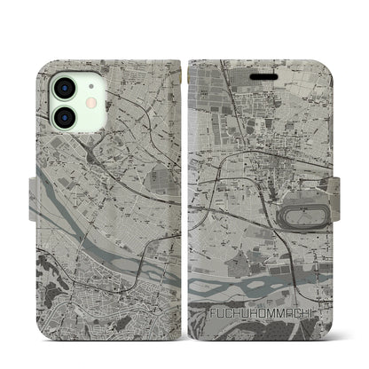 【府中本町（東京都）】地図柄iPhoneケース（手帳タイプ）モノトーン・iPhone 12 mini 用