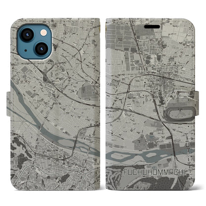 【府中本町（東京都）】地図柄iPhoneケース（手帳タイプ）モノトーン・iPhone 13 用