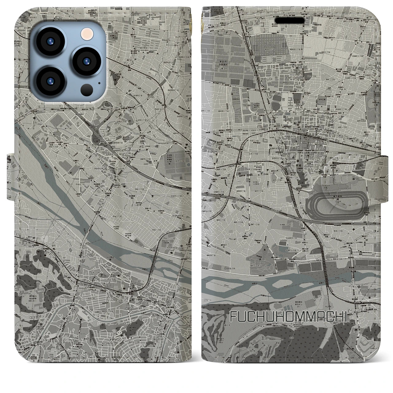 【府中本町】地図柄iPhoneケース（手帳両面タイプ・モノトーン）iPhone 13 Pro Max 用