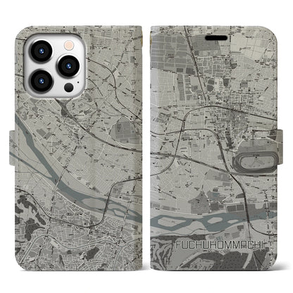 【府中本町（東京都）】地図柄iPhoneケース（手帳タイプ）モノトーン・iPhone 13 Pro 用