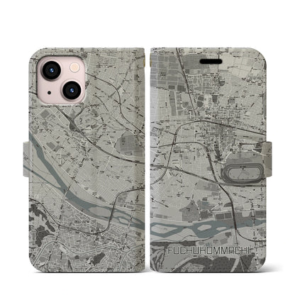 【府中本町（東京都）】地図柄iPhoneケース（手帳タイプ）モノトーン・iPhone 13 mini 用