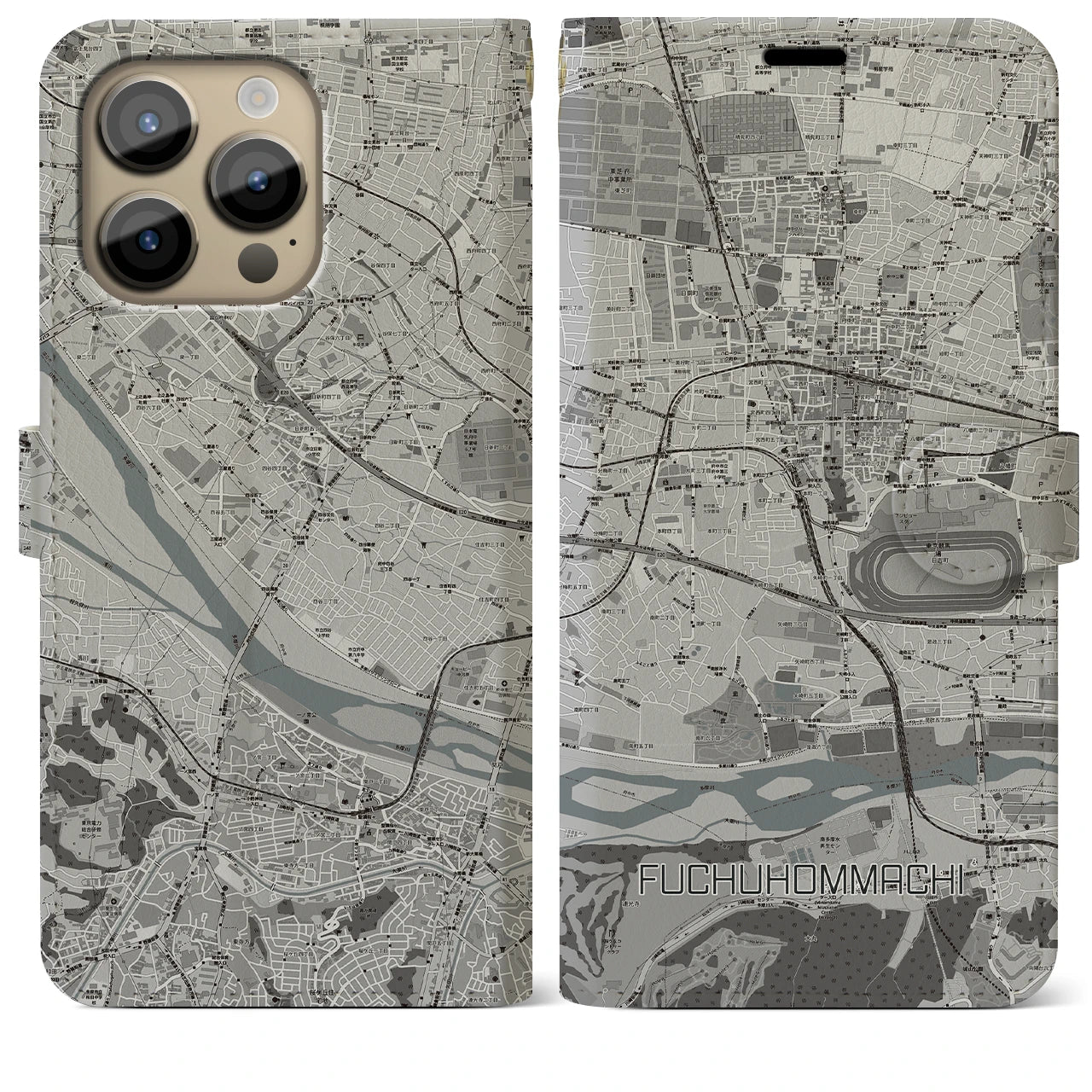 【府中本町】地図柄iPhoneケース（手帳両面タイプ・モノトーン）iPhone 14 Pro Max 用