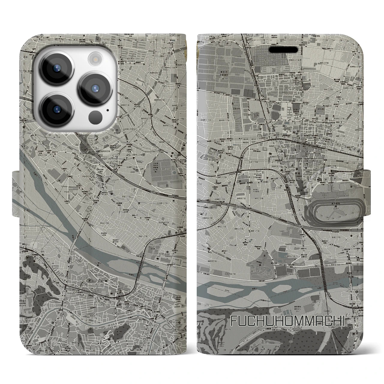 【府中本町】地図柄iPhoneケース（手帳両面タイプ・モノトーン）iPhone 14 Pro 用