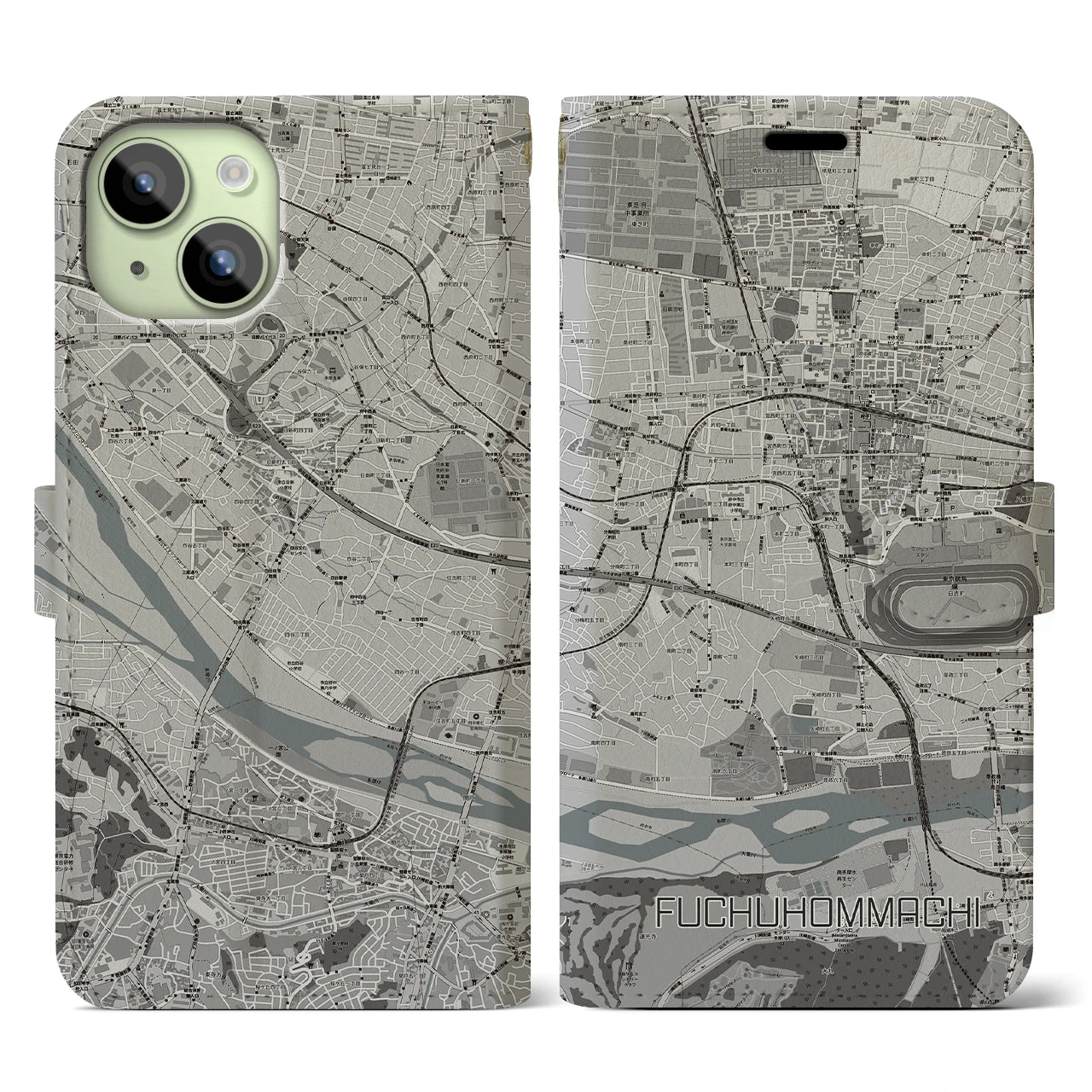 【府中本町】地図柄iPhoneケース（手帳両面タイプ・モノトーン）iPhone 15 用