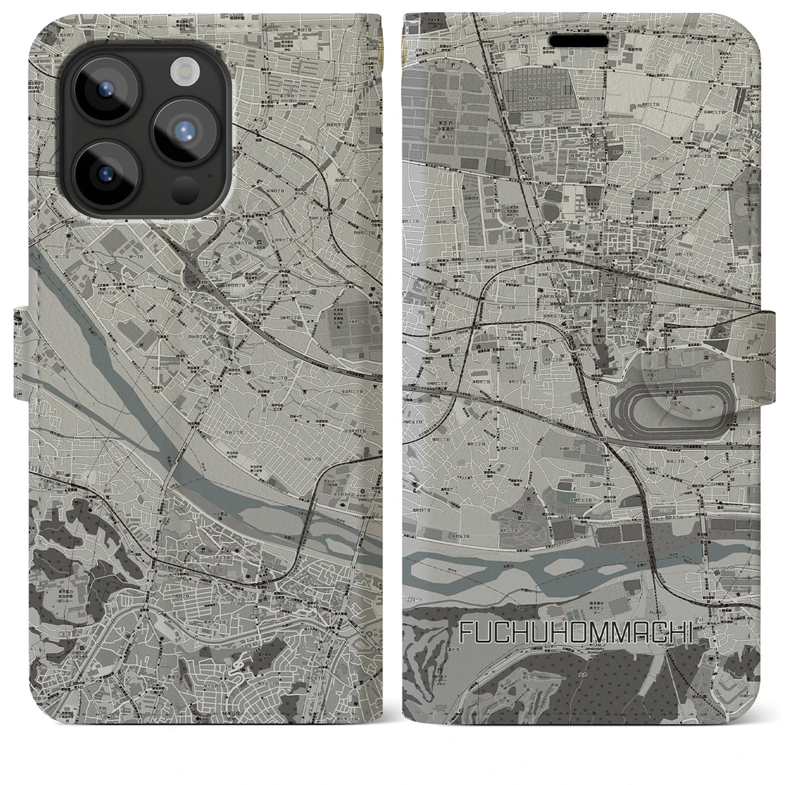 【府中本町】地図柄iPhoneケース（手帳両面タイプ・モノトーン）iPhone 15 Pro Max 用