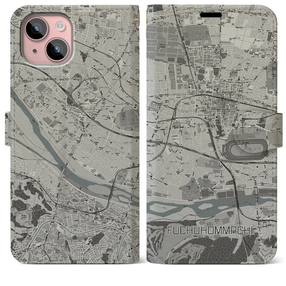 【府中本町（東京都）】地図柄iPhoneケース（手帳タイプ）モノトーン・iPhone 15 Plus 用
