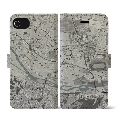 【府中本町（東京都）】地図柄iPhoneケース（手帳タイプ）モノトーン・iPhone SE（第3 / 第2世代） / 8 / 7 / 6s / 6 用