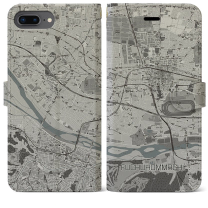 【府中本町（東京都）】地図柄iPhoneケース（手帳タイプ）モノトーン・iPhone 8Plus /7Plus / 6sPlus / 6Plus 用
