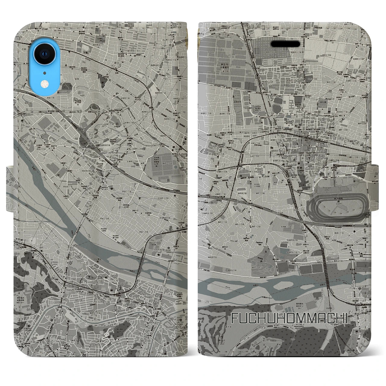 【府中本町】地図柄iPhoneケース（手帳両面タイプ・モノトーン）iPhone XR 用