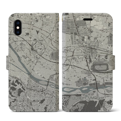 【府中本町（東京都）】地図柄iPhoneケース（手帳タイプ）モノトーン・iPhone XS / X 用