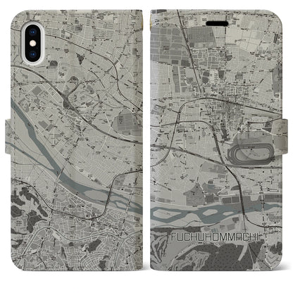 【府中本町（東京都）】地図柄iPhoneケース（手帳タイプ）モノトーン・iPhone XS Max 用