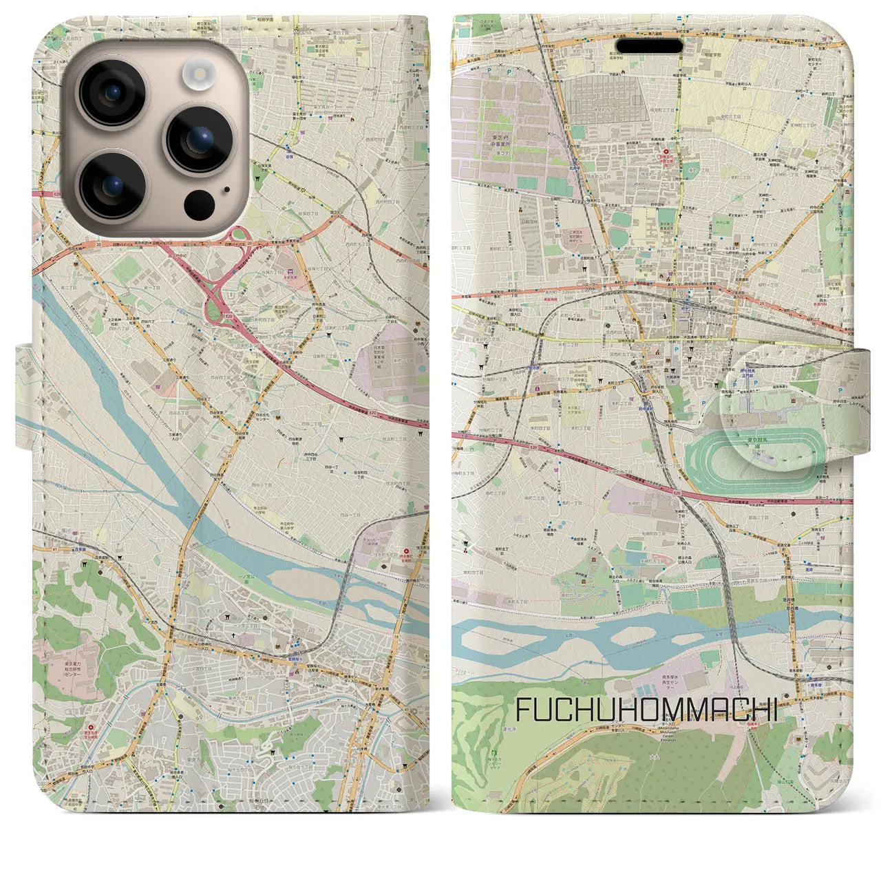 【府中本町（東京都）】地図柄iPhoneケース（手帳タイプ）ナチュラル・iPhone 16 Plus 用