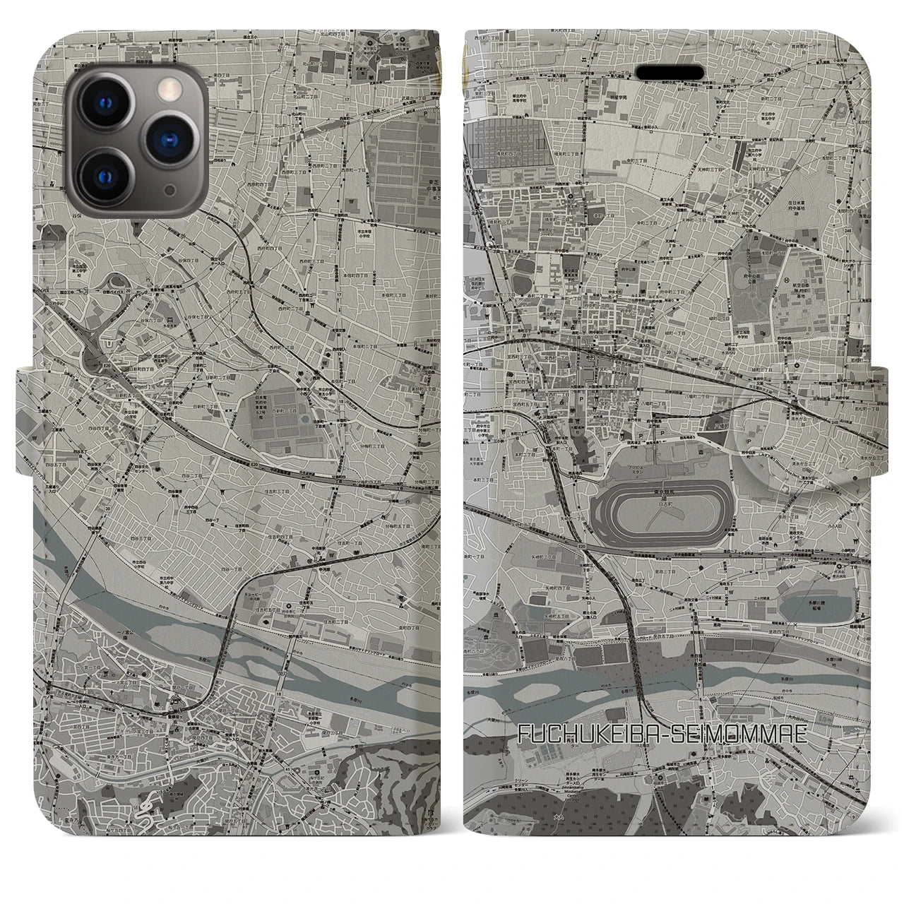 【府中競馬正門前】地図柄iPhoneケース（手帳両面タイプ・モノトーン）iPhone 11 Pro Max 用