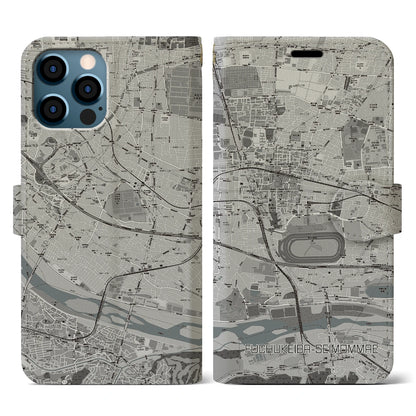 【府中競馬正門前（東京都）】地図柄iPhoneケース（手帳タイプ）モノトーン・iPhone 12 / 12 Pro 用