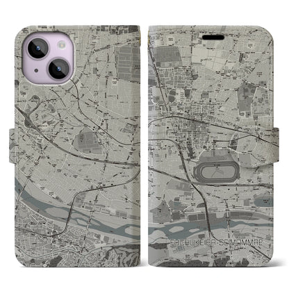 【府中競馬正門前（東京都）】地図柄iPhoneケース（手帳タイプ）モノトーン・iPhone 14 用