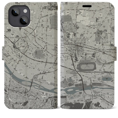 【府中競馬正門前（東京都）】地図柄iPhoneケース（手帳タイプ）モノトーン・iPhone 14 Plus 用