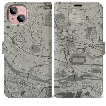 【府中競馬正門前（東京都）】地図柄iPhoneケース（手帳タイプ）モノトーン・iPhone 15 Plus 用