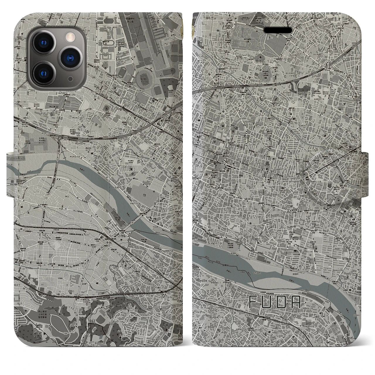 【布田】地図柄iPhoneケース（手帳両面タイプ・モノトーン）iPhone 11 Pro Max 用