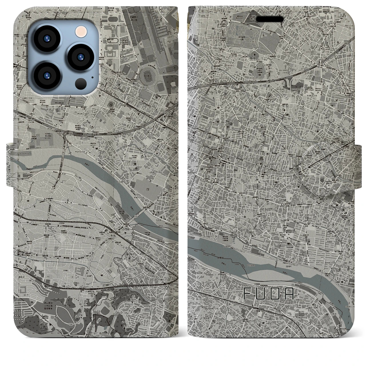 【布田】地図柄iPhoneケース（手帳両面タイプ・モノトーン）iPhone 13 Pro Max 用