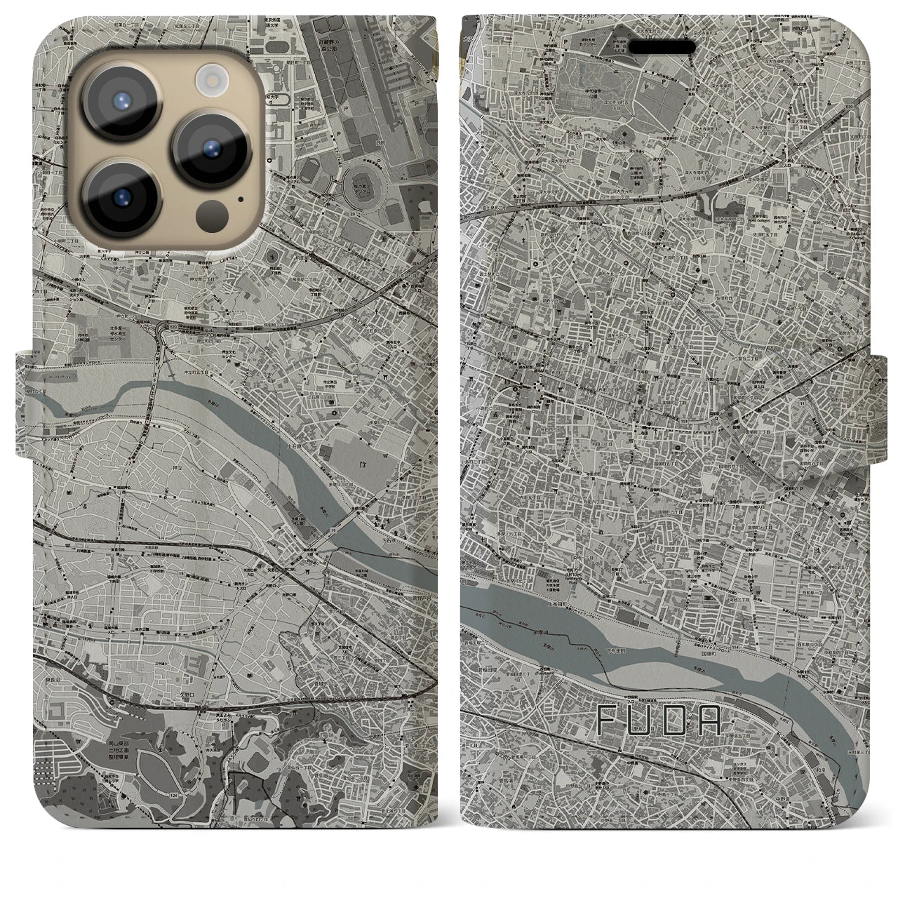 【布田】地図柄iPhoneケース（手帳両面タイプ・モノトーン）iPhone 14 Pro Max 用