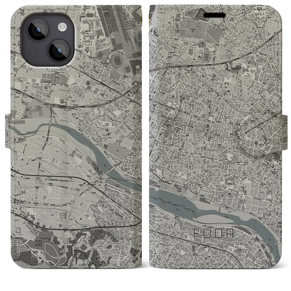 【布田（東京都）】地図柄iPhoneケース（手帳タイプ）モノトーン・iPhone 14 Plus 用