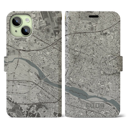 【布田（東京都）】地図柄iPhoneケース（手帳タイプ）モノトーン・iPhone 15 用
