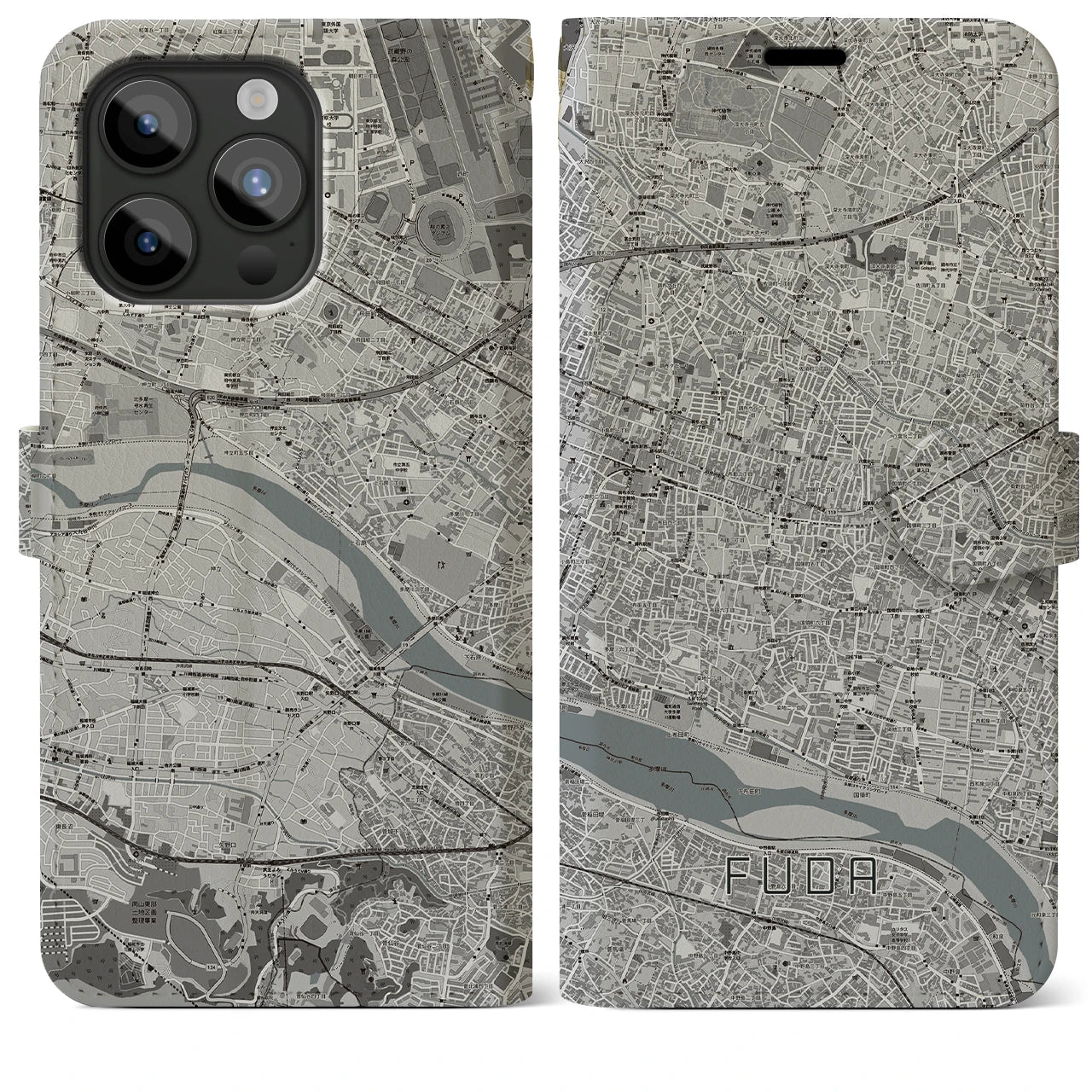 【布田】地図柄iPhoneケース（手帳両面タイプ・モノトーン）iPhone 15 Pro Max 用