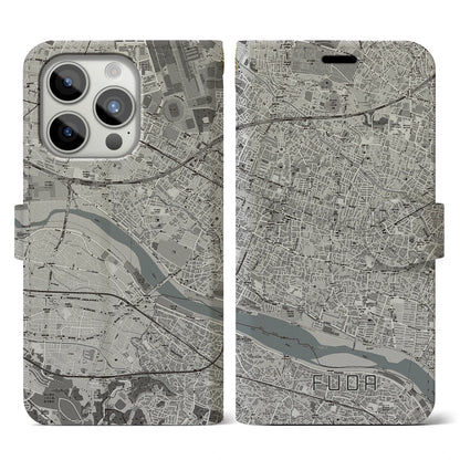 【布田（東京都）】地図柄iPhoneケース（手帳タイプ）モノトーン・iPhone 15 Pro 用