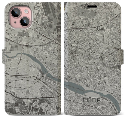 【布田（東京都）】地図柄iPhoneケース（手帳タイプ）モノトーン・iPhone 15 Plus 用