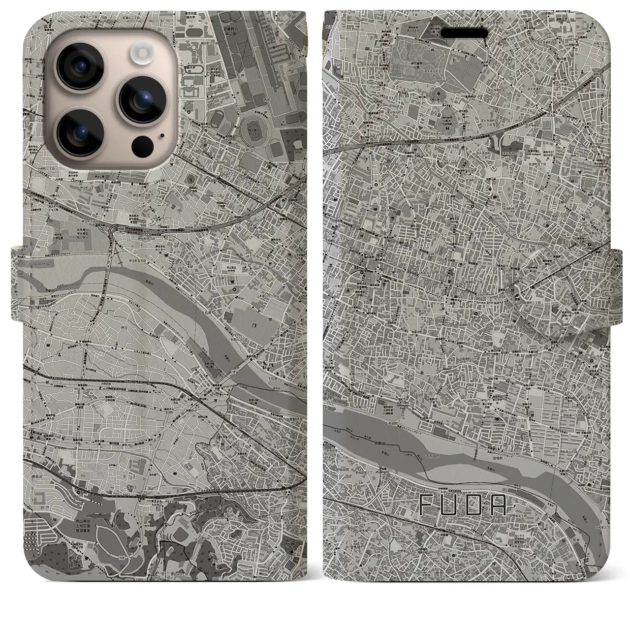 【布田（東京都）】地図柄iPhoneケース（手帳タイプ）モノトーン・iPhone 16 Plus 用