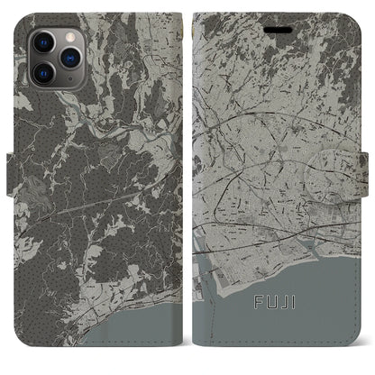 【富士（静岡県）】地図柄iPhoneケース（手帳タイプ）モノトーン・iPhone 11 Pro Max 用