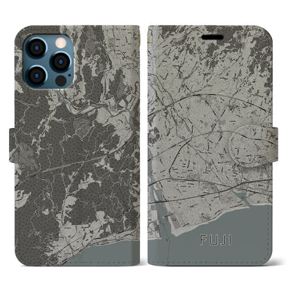【富士（静岡県）】地図柄iPhoneケース（手帳タイプ）モノトーン・iPhone 12 / 12 Pro 用