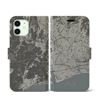 【富士（静岡県）】地図柄iPhoneケース（手帳タイプ）モノトーン・iPhone 12 mini 用