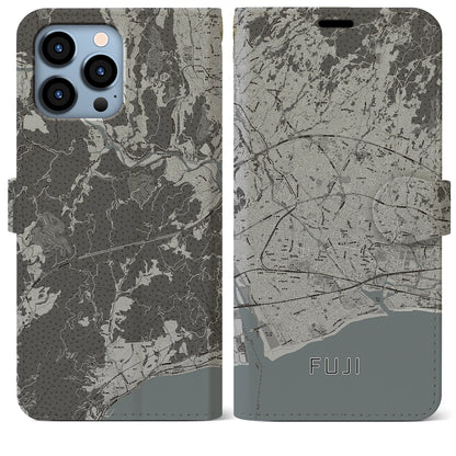 【富士（静岡県）】地図柄iPhoneケース（手帳タイプ）モノトーン・iPhone 13 Pro Max 用