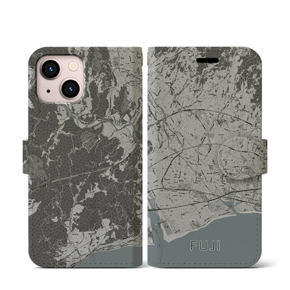 【富士（静岡県）】地図柄iPhoneケース（手帳タイプ）モノトーン・iPhone 13 mini 用
