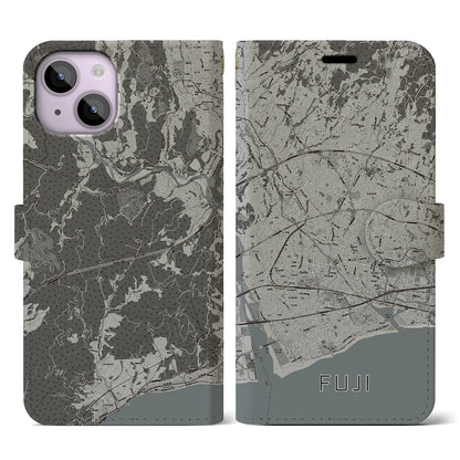 【富士（静岡県）】地図柄iPhoneケース（手帳タイプ）モノトーン・iPhone 14 用